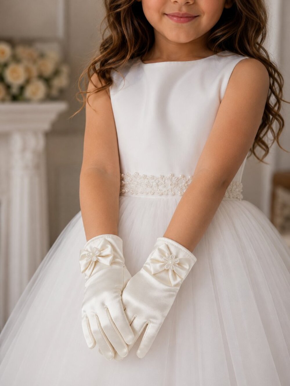 Ivory Satin Gloves for Girls